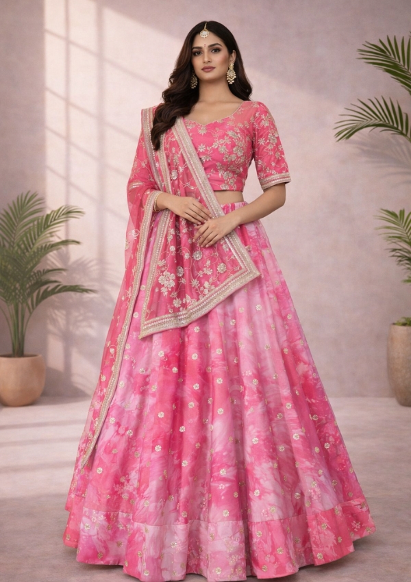 Pink Embroidered Silk Lehenga Set